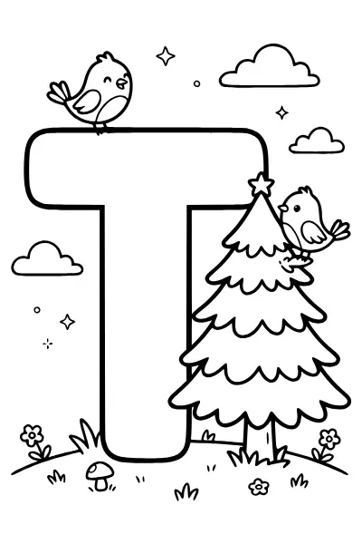 Ausmalbilder Buchstaben: Buchstabe T mit Tanne und Vögeln zum Ausmalen