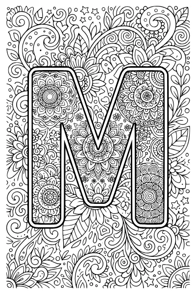 Ausmalbilder Buchstaben: Mandala-Buchstabe M mit feinen Mustern zum Ausmalen