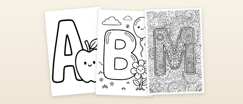 Ausmalbilder Buchstaben: Großer Buchstabe A mit Apfel, Buchstabe B mit Ballon und Blume und Mandala-Buchstabe M
