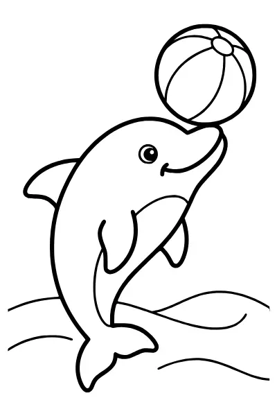 Ausmalbilder Delfin: Delfin spielt mit einem Ball im Wasser