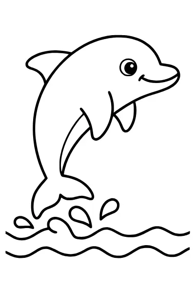 Ausmalbilder Delfin: springender Delfin über den Wellen, Strichzeichnung zum Ausmalen