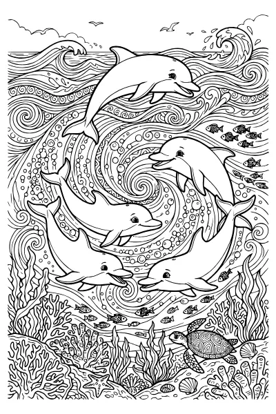 Ausmalbilder Delfin: Delfinschule mit mehreren Delfinen im Ozean
