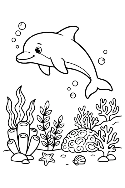 Ausmalbilder Delfin: Delfin schwimmt über einem Korallenriff