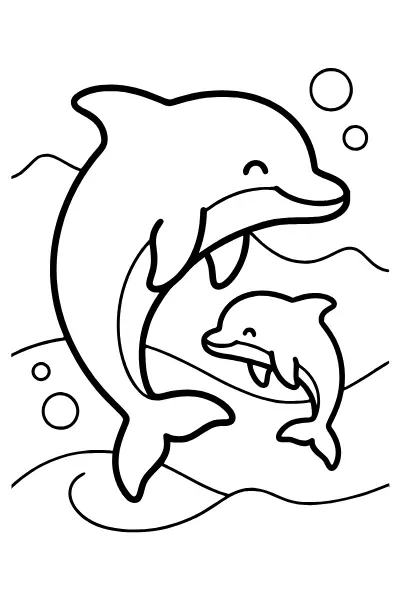 Ausmalbilder Delfin: Delfin-Mama mit Baby, große Flächen zum Ausmalen