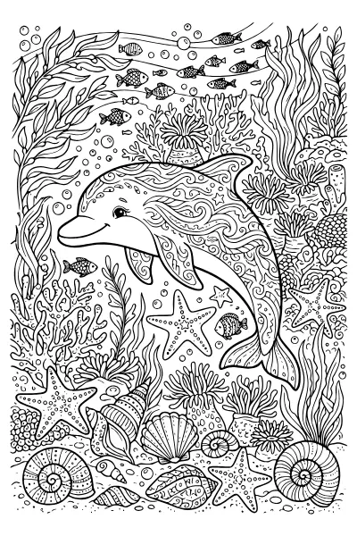 Ausmalbilder Delfin: Delfin zwischen Muscheln und Seesternen mit feinen Mustern