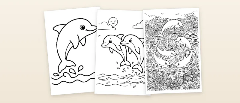 Ausmalbilder Delfin: Delfin springt aus dem Wasser, Zwei Delfine springen gemeinsam und Delfinschule im Ozean