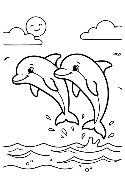 Ausmalbilder Delfin: zwei Delfine springen gemeinsam aus dem Meer