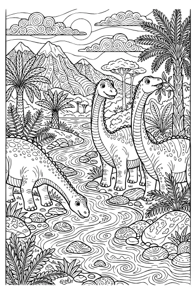Ausmalbilder Dinosaurier: Dino-Herde am Fluss