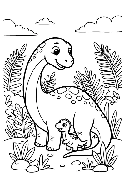 Ausmalbilder Dinosaurier: Dino-Mama mit Jungtier im Farnwald