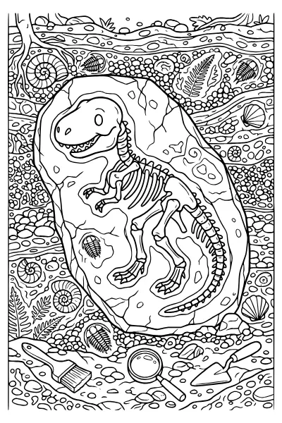 Ausmalbilder Dinosaurier: Fossil-Skelett mit Rippen, Wirbeln und Schädel