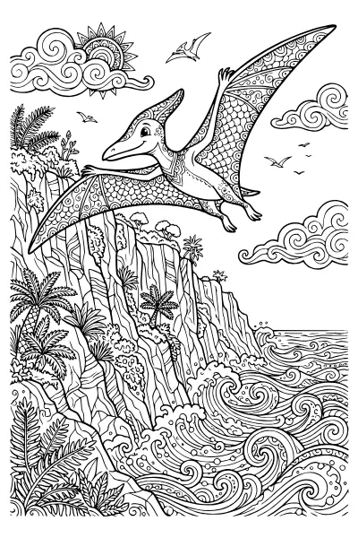 Ausmalbilder Dinosaurier: Flugsaurier über der Steilküste