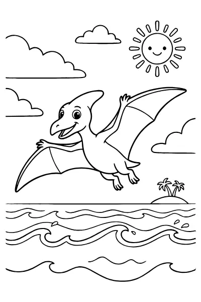 Ausmalbilder Dinosaurier: Pterodactylus über dem Meer