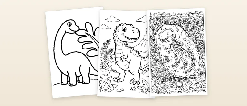 Ausmalbilder Dinosaurier: Freundlicher Brachiosaurus, Tyrannosaurus Rex und Fossil-Skelett