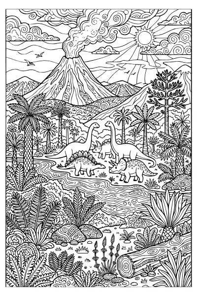 Ausmalbilder Dinosaurier: Urzeit-Landschaft mit Vulkan und Dino-Herde