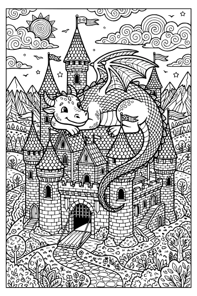 Drache auf der Burg mit Türmen – Ausmalbilder Drache für Schulkinder
