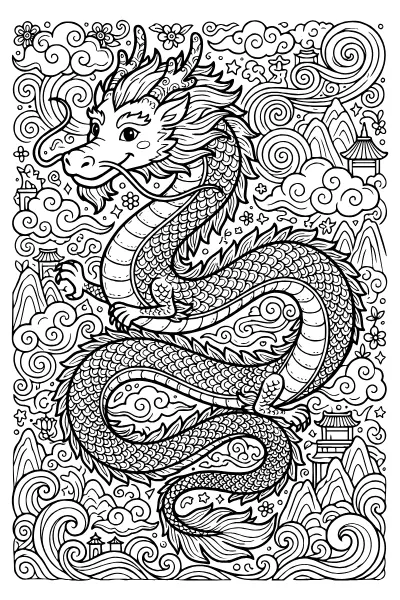 Chinesischer Drache mit Wolkenwirbeln – Ausmalbilder Drache mit feinen Mustern
