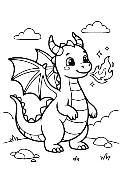 Feuerdrache mit Flammen – Ausmalbilder Drache für geübte Kinder