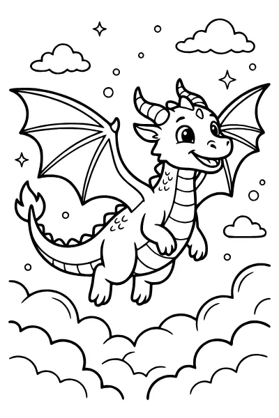 Fliegender Drache über Wolken – Ausmalbilder Drache für Vorschulkinder