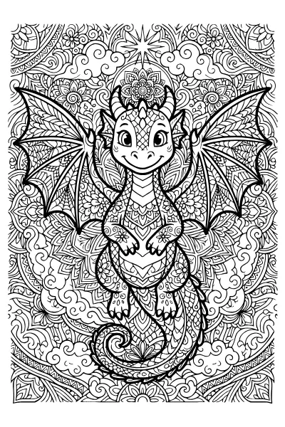 Mandala-Drache mit Schuppenmuster – Ausmalbilder Drache für geduldige Kinder