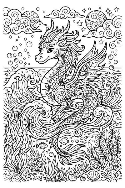 Drache taucht aus dem Meer auf – Ausmalbilder Drache mit Wellen und Meerespflanzen