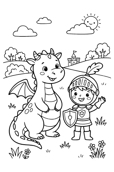 Drache und Ritter als Freunde – Ausmalbilder Drache mit Abenteuer-Szene