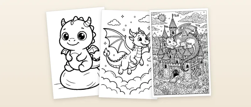 Ausmalbilder Drache: Babydrache mit großen Augen, Fliegender Drache über den Wolken und Drache auf der Burg
