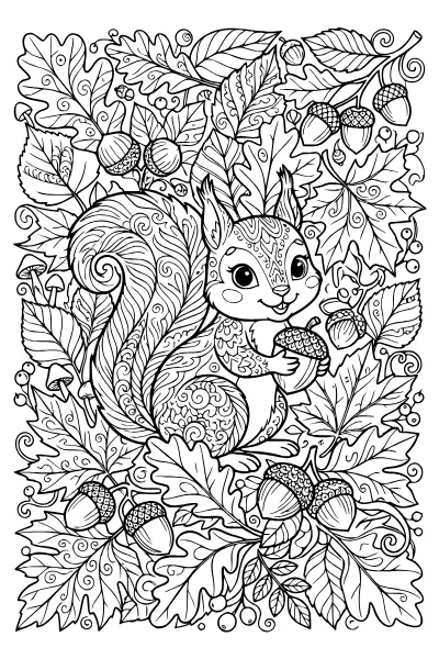 Eichhörnchen im Herbstlaub – Ausmalbilder einfach zum Ausdrucken
