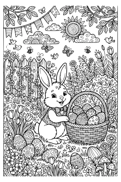 Osterhase mit gemusterten Eiern – Ausmalbilder einfach zum Ausdrucken