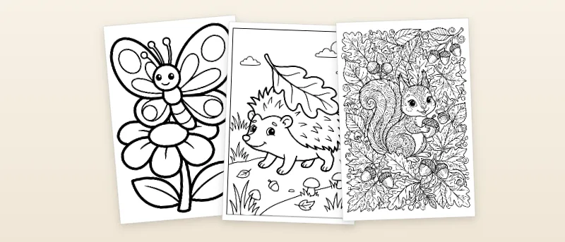 Ausmalbilder einfach: Schmetterling mit runden Flügeln, Igel mit Laubblatt und Eichhörnchen im Herbstlaub