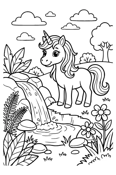 Einhorn am Wasserfall – Ausmalbilder Einhorn zum Ausdrucken
