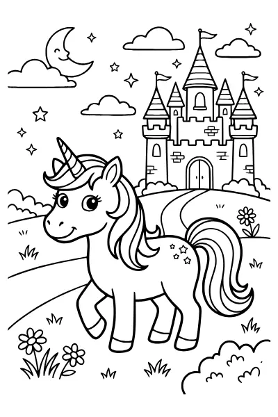 Einhorn im Schloss – Ausmalbilder Einhorn zum Ausdrucken