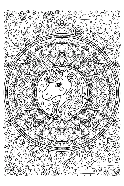 Einhorn-Mandala mit Blüten – Ausmalbilder Einhorn zum Ausdrucken