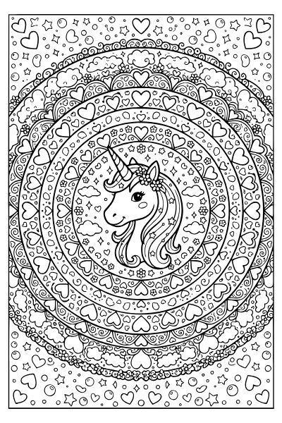 Einhorn-Mandala mit Herzen – Ausmalbilder Einhorn zum Ausdrucken
