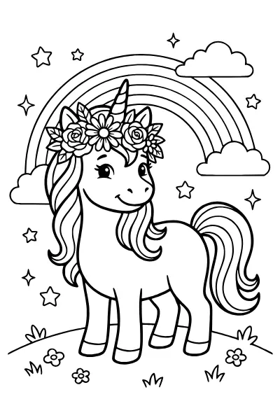Einhorn mit Blumenkranz – Ausmalbilder Einhorn zum Ausdrucken