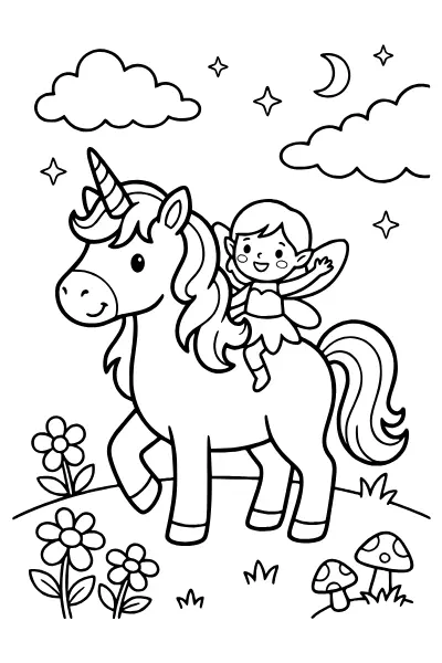 Einhorn mit Fee – Ausmalbilder Einhorn zum Ausdrucken