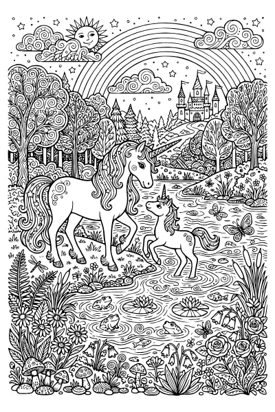 Einhorn mit Fohlen am See – Ausmalbilder Einhorn zum Ausdrucken