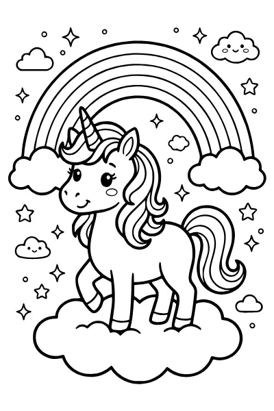 Einhorn mit Regenbogen und Sternen – Ausmalbilder Einhorn zum Ausdrucken