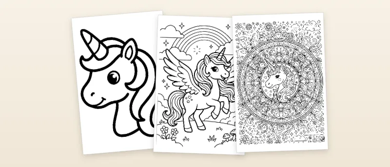 Ausmalbilder Einhorn: Einhorn-Kopf mit Mähne, Einhorn mit Flügeln und Einhorn-Mandala mit Blüten
