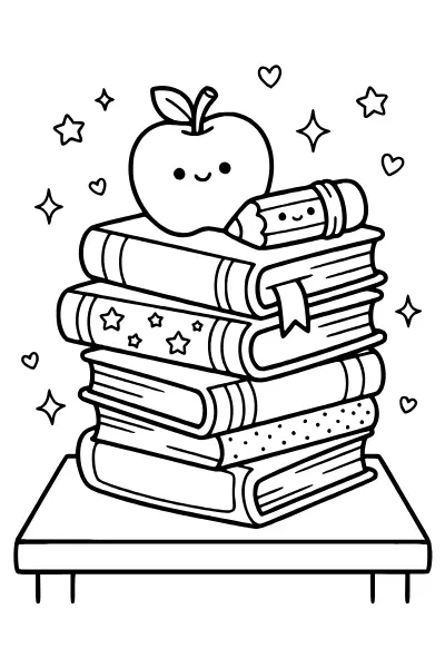 Bücherstapel mit Apfel – Ausmalbilder Einschulung kostenlos zum Ausdrucken