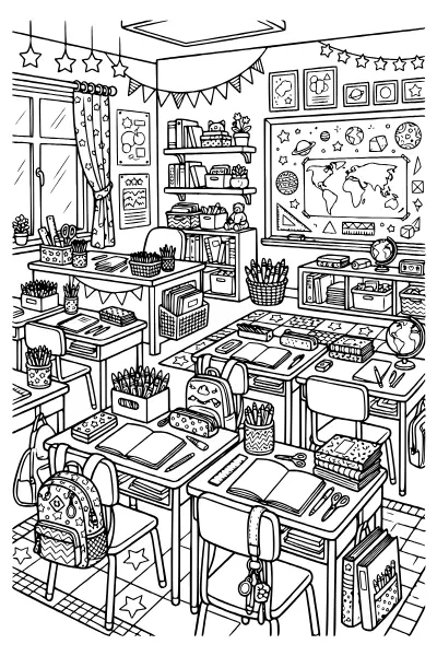Klassenzimmer mit Tafel und Stiften – Ausmalbilder Einschulung kostenlos zum Ausdrucken