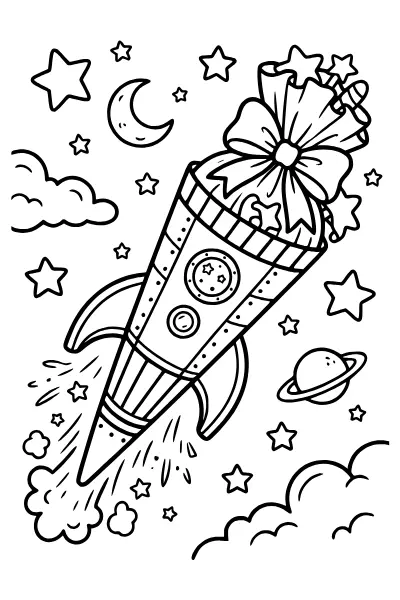 Schultüte als Rakete – Ausmalbilder Einschulung kostenlos zum Ausdrucken