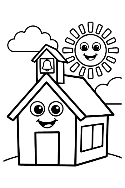 Sonne über dem Schulhaus – Ausmalbilder Einschulung kostenlos zum Ausdrucken