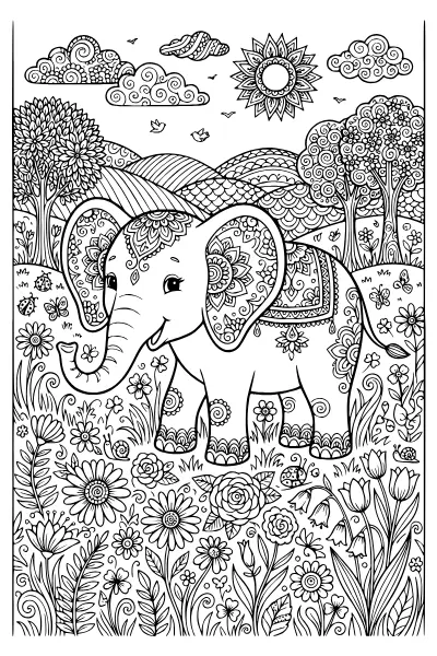 Elefant in der Blumenwiese mit feinen Blüten – Ausmalbilder Elefant