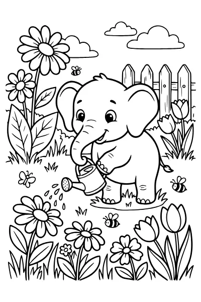 Elefant mit Gießkanne im Garten als Ausmalbilder Elefant