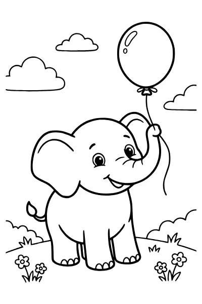 Elefant mit Luftballon als Ausmalbilder Elefant für Kita-Kinder