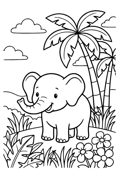 Elefant unter Palmen – Ausmalbilder Elefant zum Ausmalen