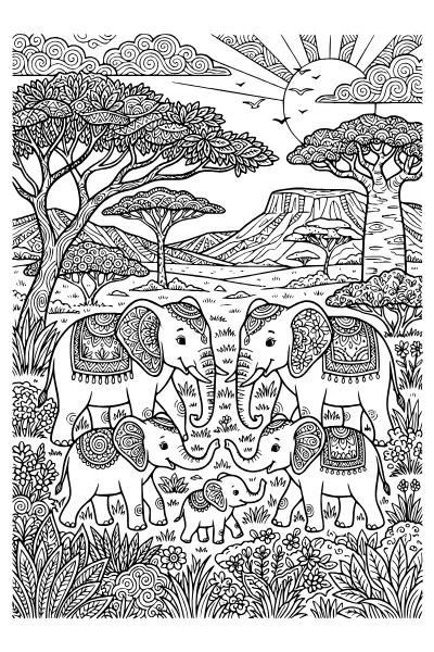 Elefantenherde in der Savanne als Ausmalbilder Elefant zum Ausdrucken