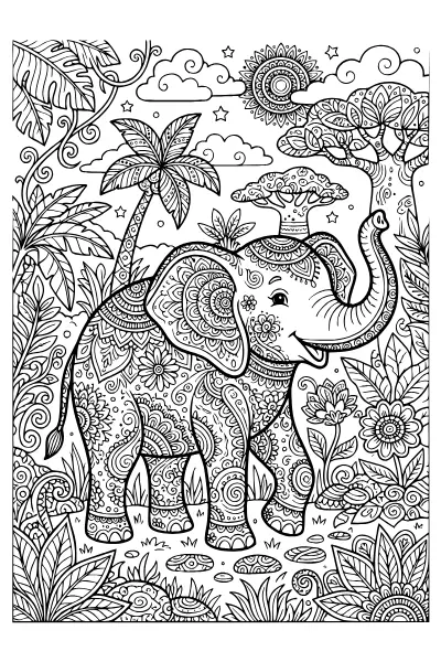 Mandala-Elefant mit feinen Mustern – Ausmalbilder Elefant für Schulkinder