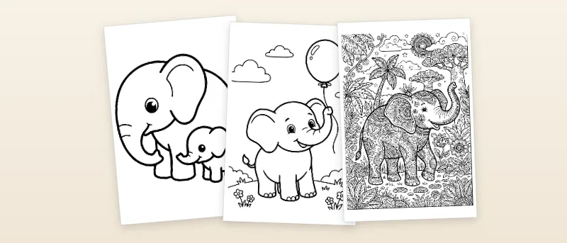 Ausmalbilder Elefant: Elefantenbaby mit Mama, Elefant mit Luftballon und Mandala-Elefant