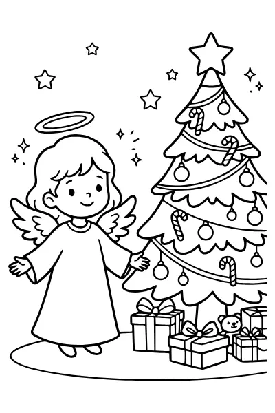 Ausmalbilder Engel: Engel am Weihnachtsbaum als Weihnachtsmotiv